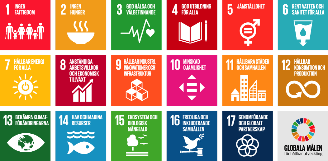 De globala målen för hållbar utveckling illustrerade i färgglada rutor. Varje ruta representerar ett mål, som ingen fattigdom, jämställdhet och hållbar energi