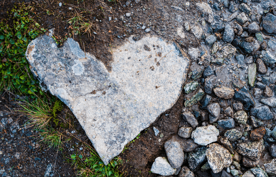 Hjärtaformad sten på marken omgiven av mindre stenar och grönska